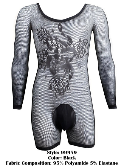 CandyMan black fishnet bodysuit with long sleeves, scoop neck, rose pattern detail, and a solid black pouch.