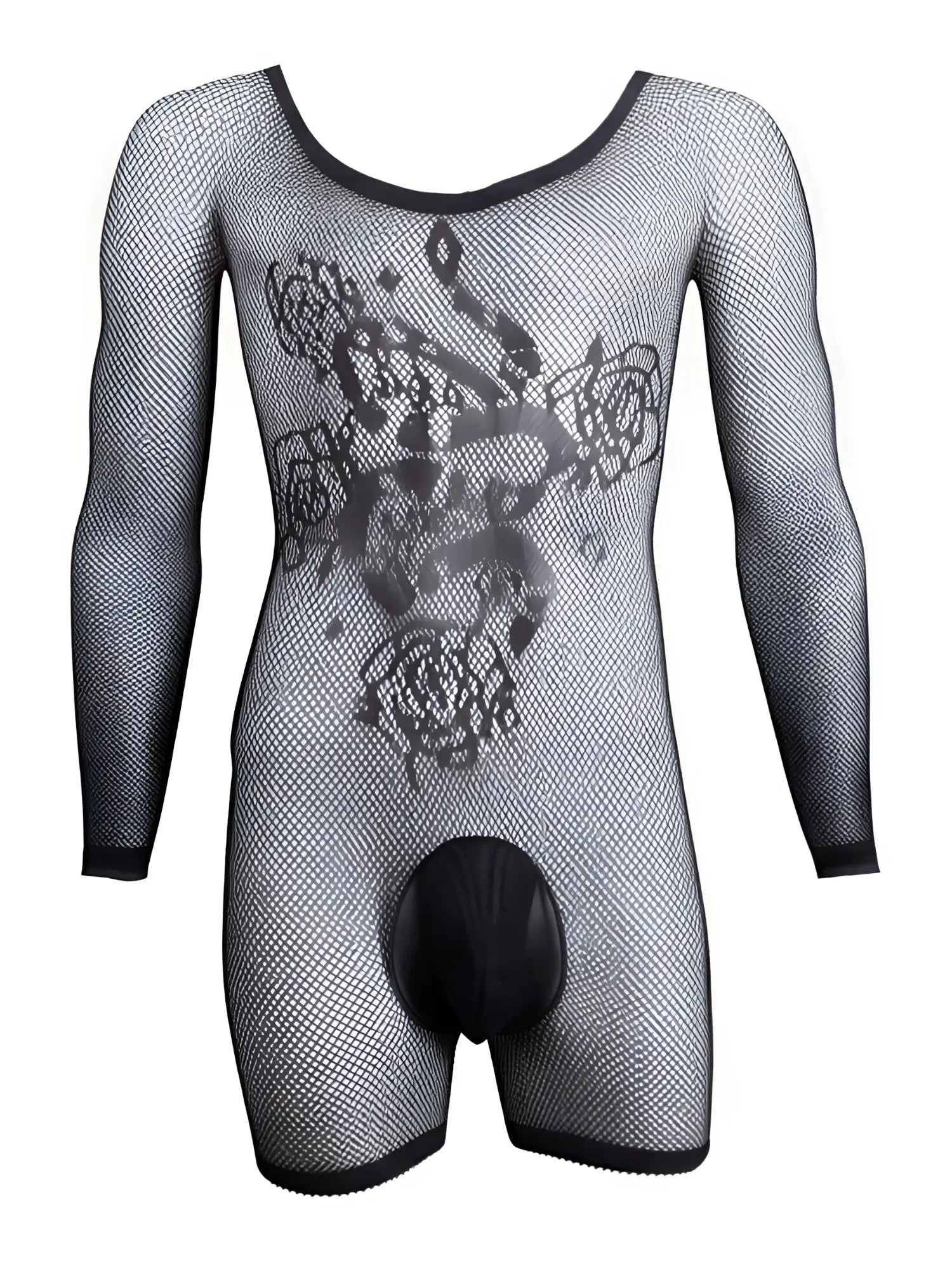 Black long-sleeve fishnet bodysuit with front rose pattern and solid black pouch.