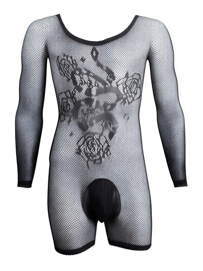 Black long-sleeve fishnet bodysuit with front rose pattern and solid black pouch.