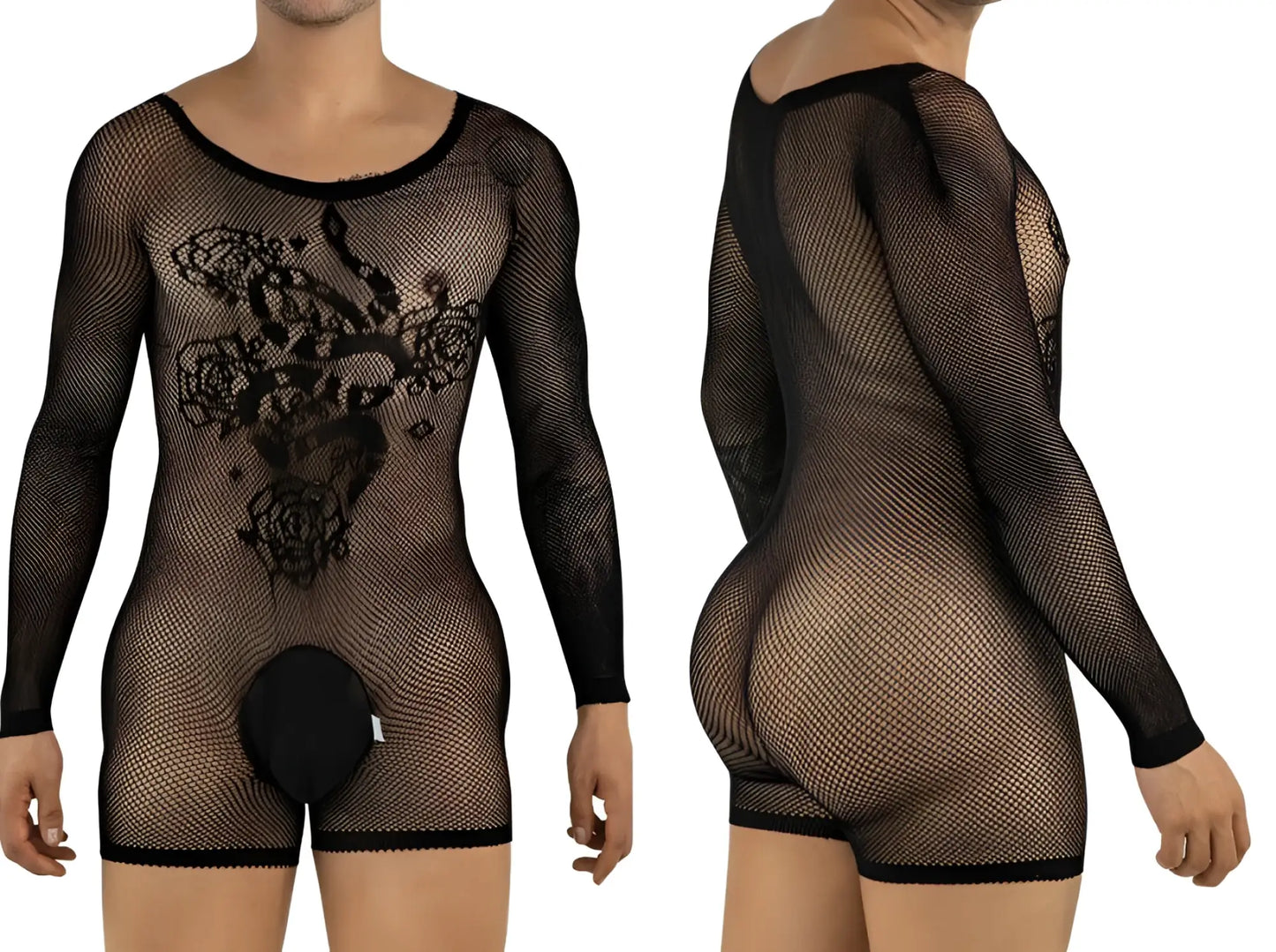 CandyMan 99959 black mesh long-sleeve bodysuit with floral pattern and solid crotch pouch. Shown front and back view.