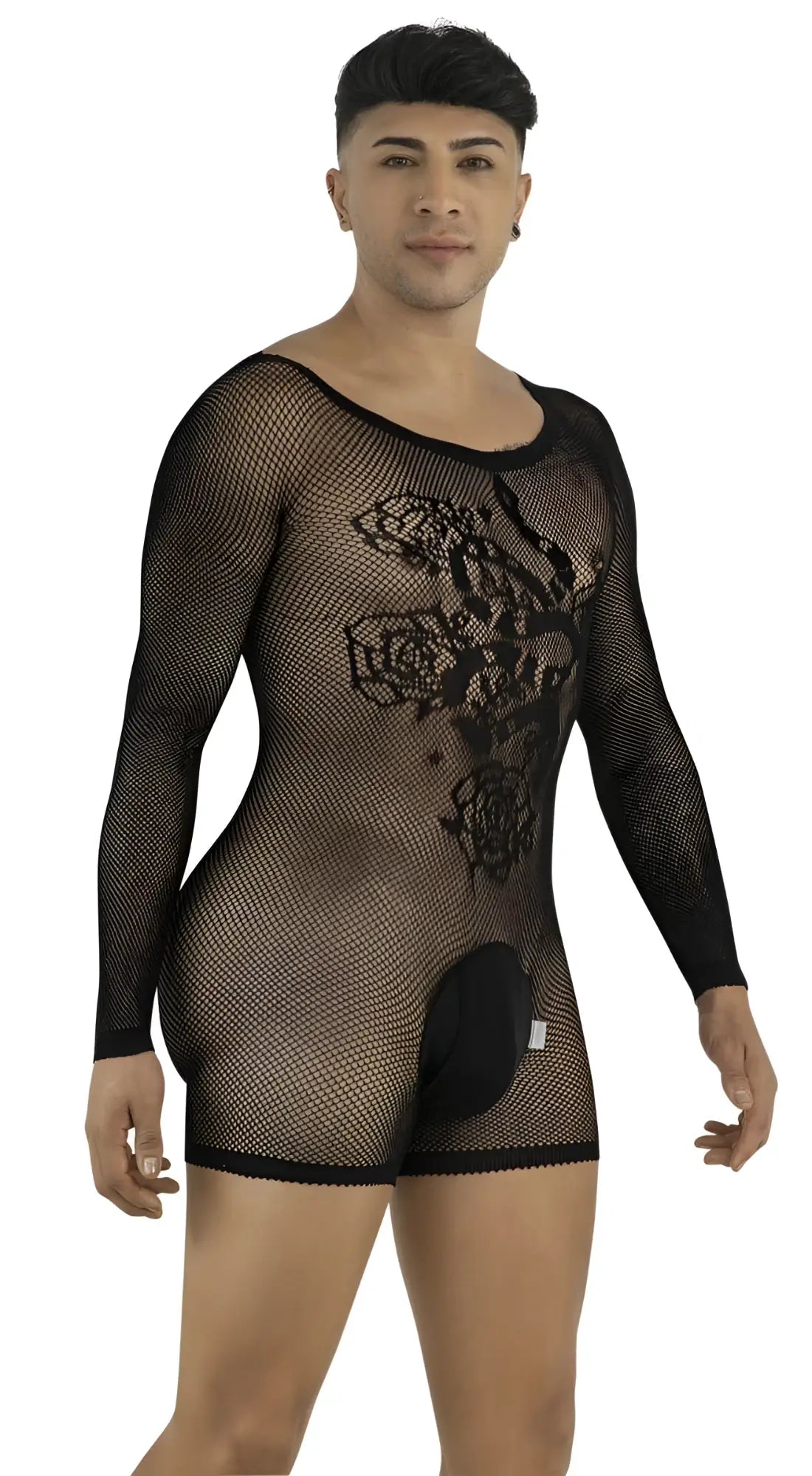 Black CandyMan fishnet bodysuit with long sleeves, rose-patterned detail, and an opaque front pouch.