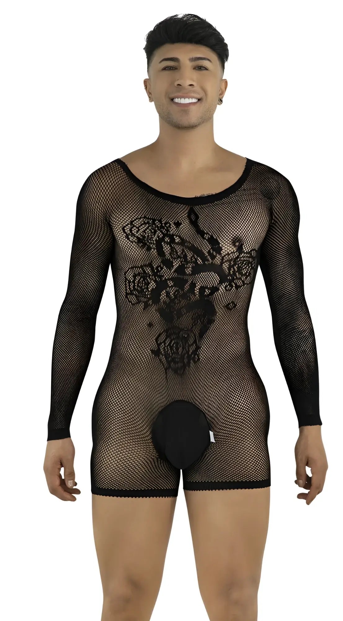 Model wearing a black, long-sleeve, fishnet bodysuit featuring a floral pattern and a solid-colored pouch.