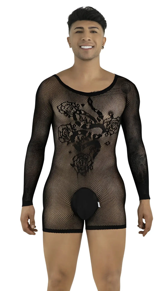 Model wearing a black, long-sleeve, fishnet bodysuit featuring a floral pattern and a solid-colored pouch.