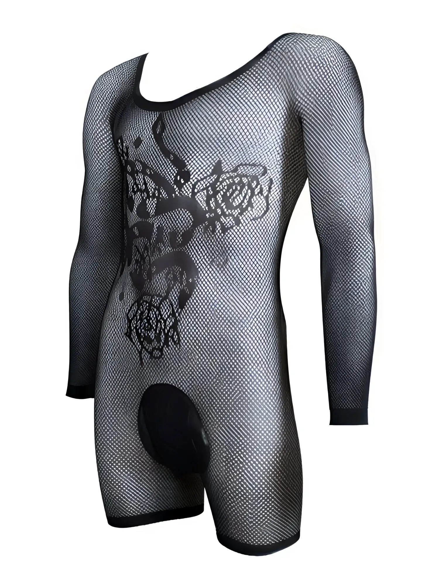 Black long-sleeve fishnet bodysuit with scoop neck, rose and snake print, and a solid opaque pouch.