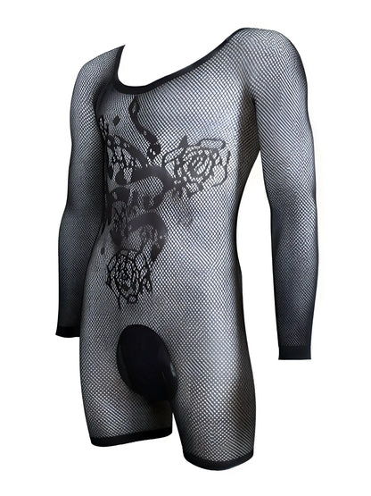 Black long-sleeve fishnet bodysuit with scoop neck, rose and snake print, and a solid opaque pouch.