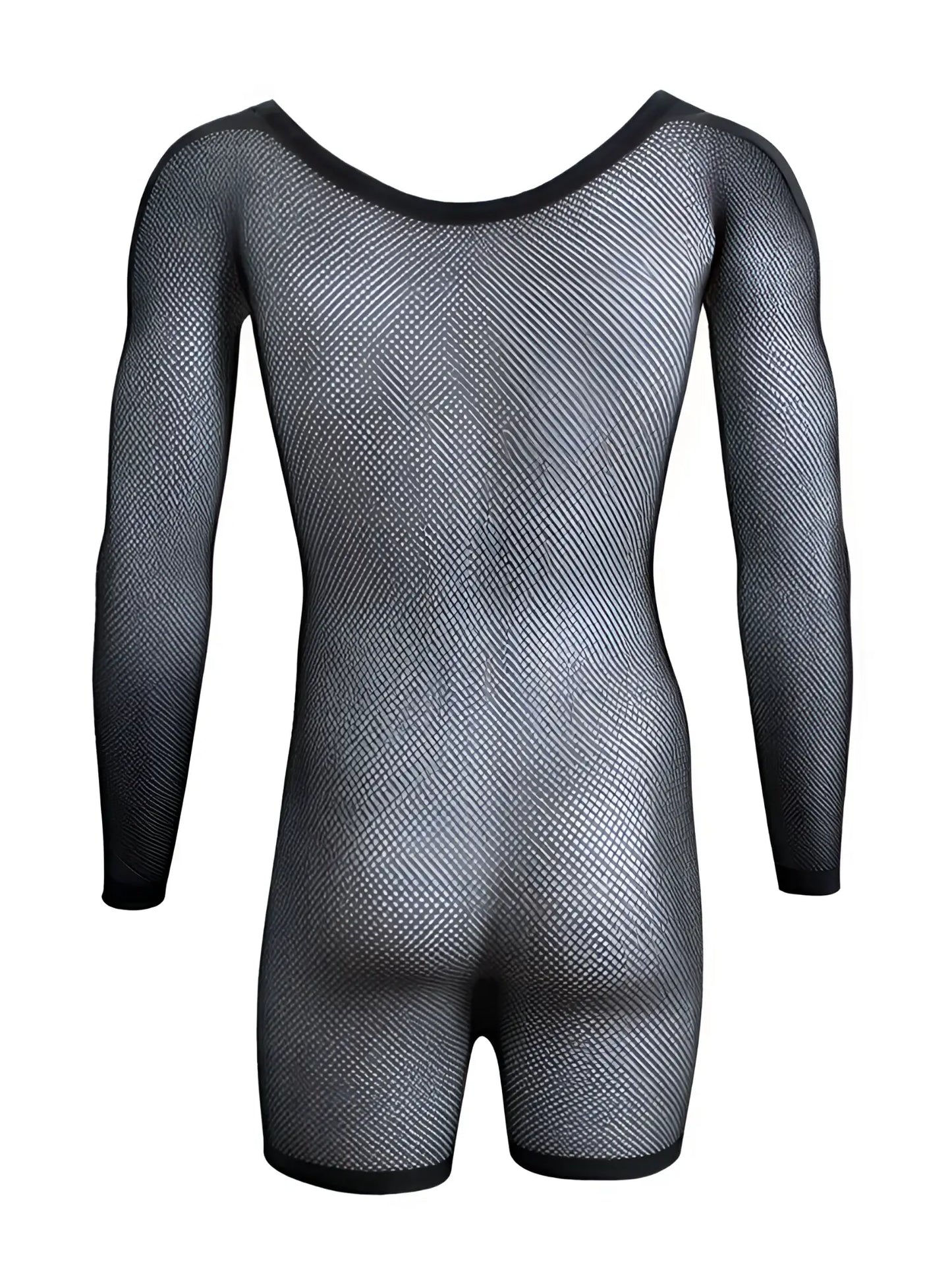 CandyMan 99959 black bodysuit featuring long sleeves, a scoop neck, and sheer, fine-mesh fabric.
