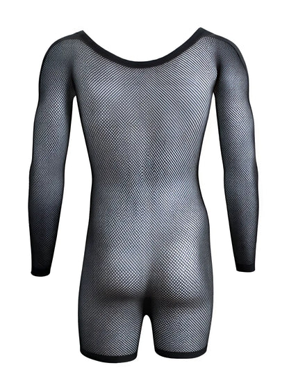 CandyMan 99959 black bodysuit featuring long sleeves, a scoop neck, and sheer, fine-mesh fabric.