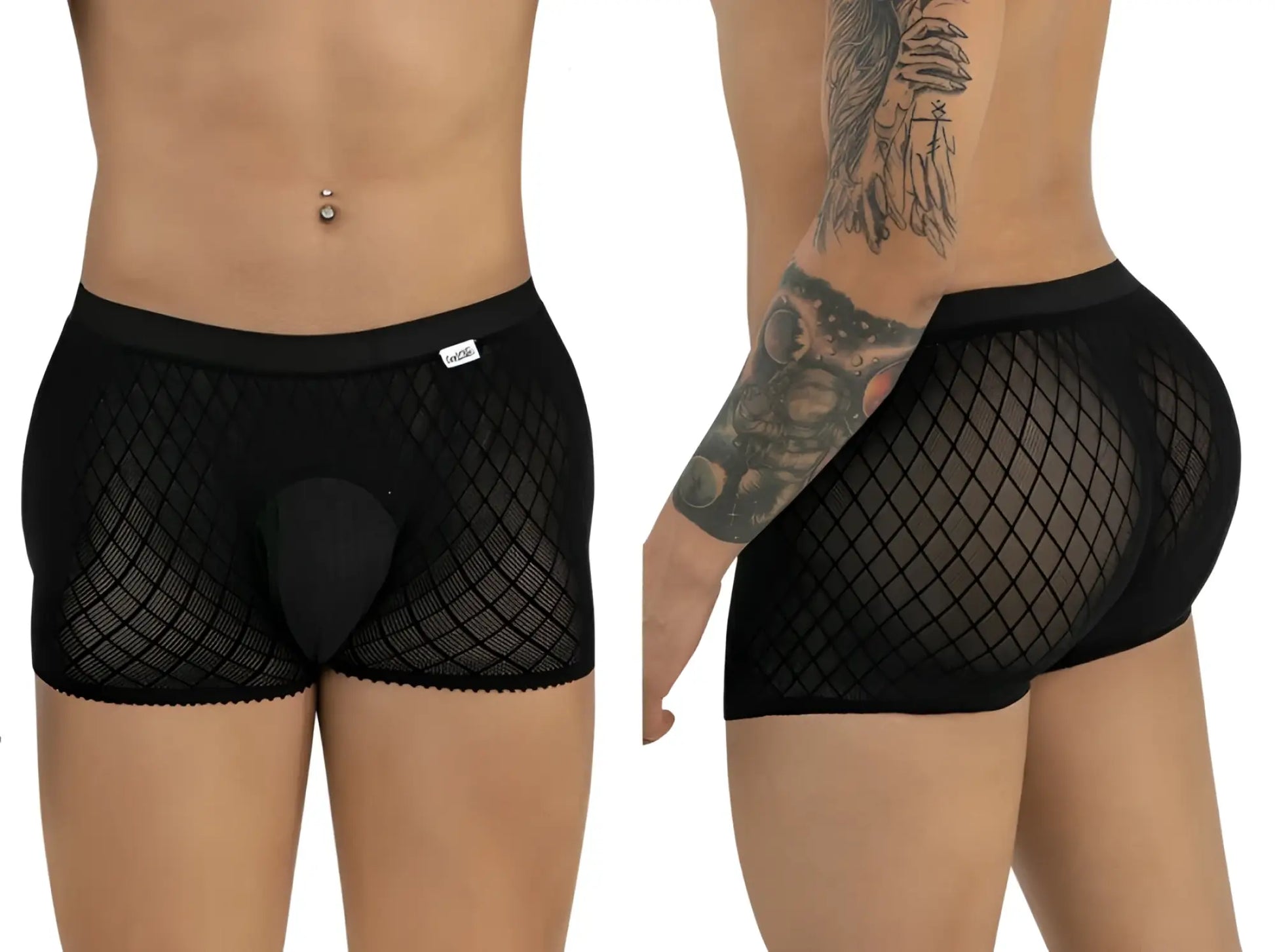 CandyMan 99962 black boxer briefs in a sheer diamond-patterned fishnet fabric with a solid opaque pouch.