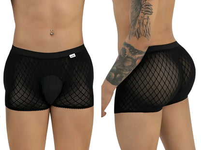CandyMan 99962 black boxer briefs in a sheer diamond-patterned fishnet fabric with a solid opaque pouch.