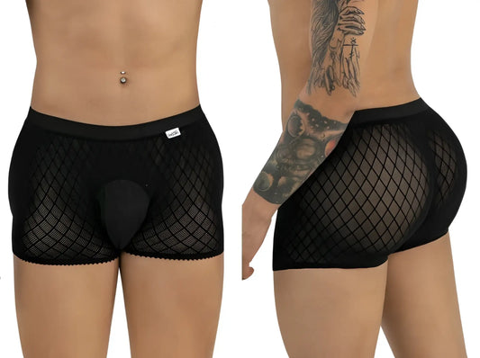 CandyMan 99962 black boxer briefs in a sheer diamond-patterned fishnet fabric with a solid opaque pouch.