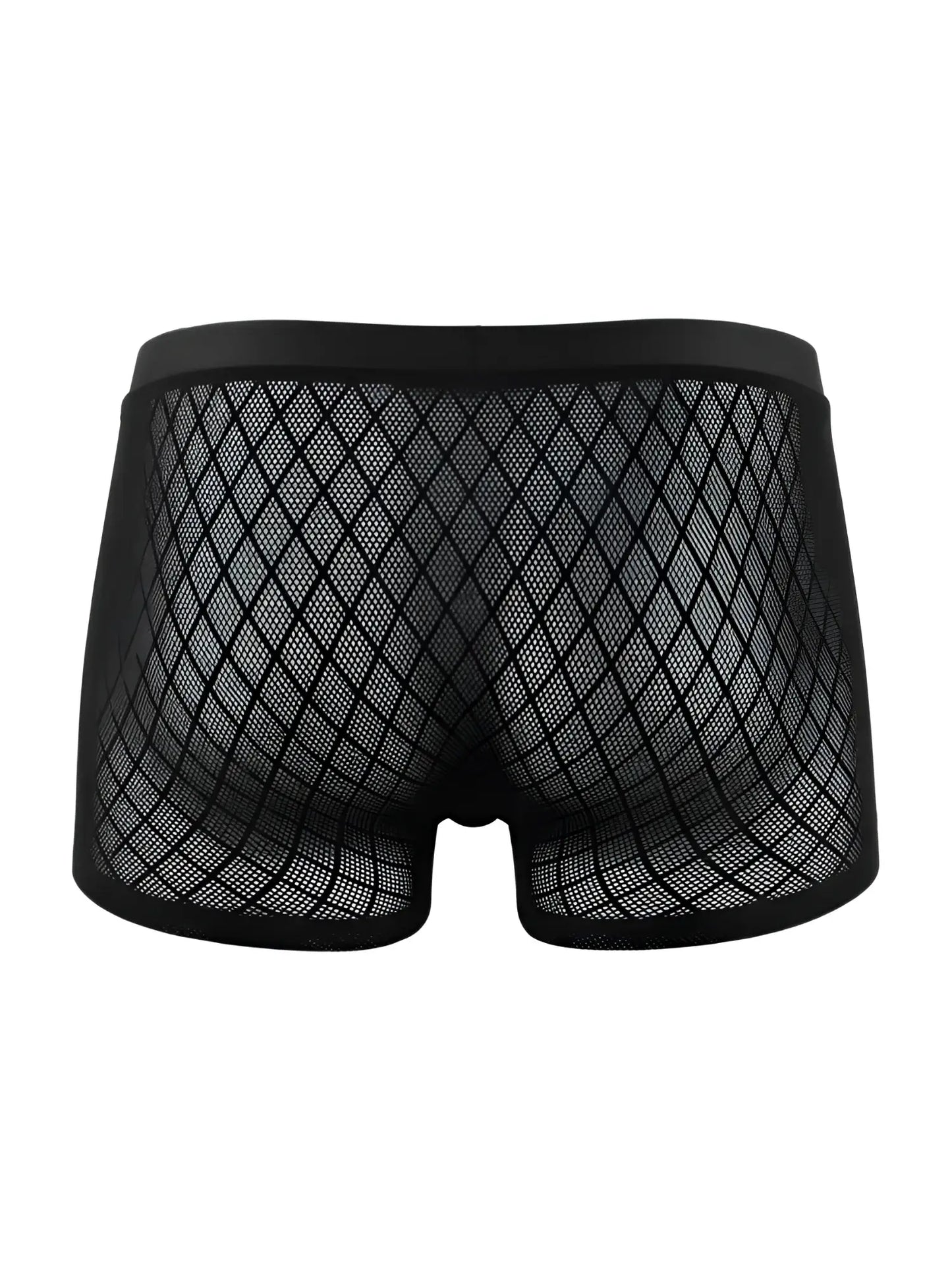 CandyMan black boxer briefs in a sheer, diamond-patterned mesh fabric with a solid elastic waistband.