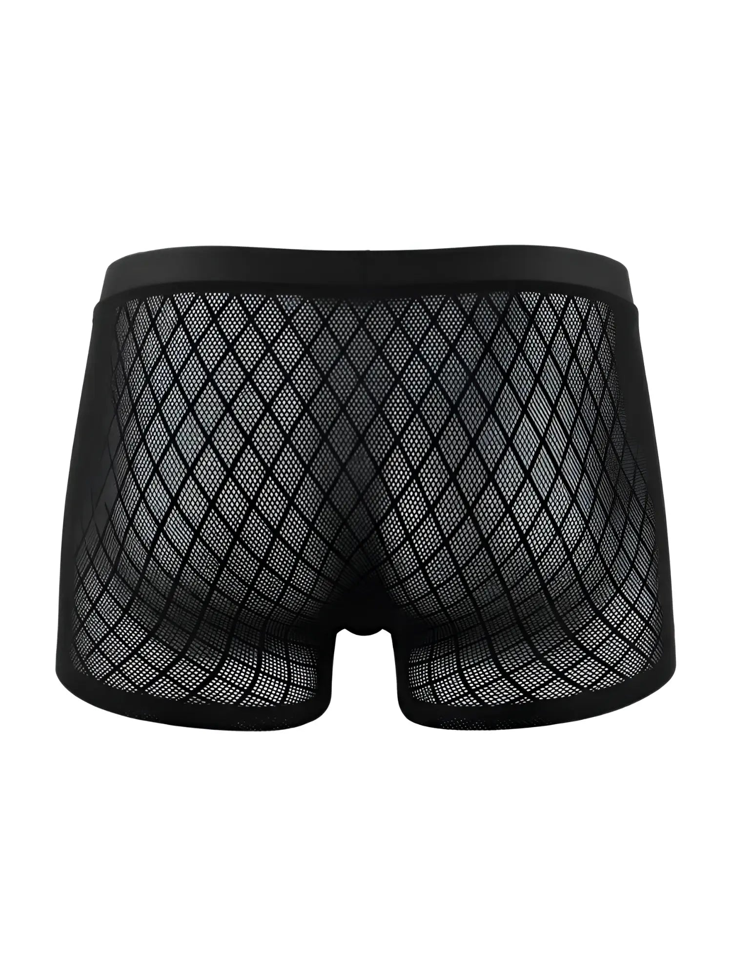 CandyMan black boxer briefs in a sheer, diamond-patterned mesh fabric with a solid elastic waistband.