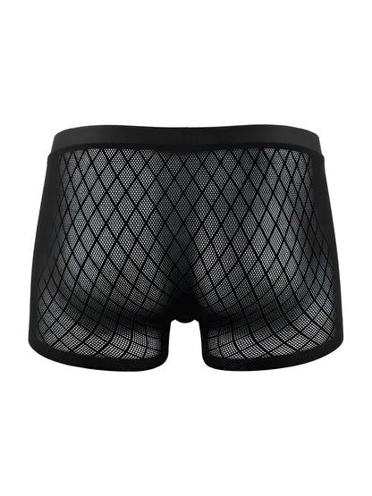 CandyMan black boxer briefs in a sheer, diamond-patterned mesh fabric with a solid elastic waistband.