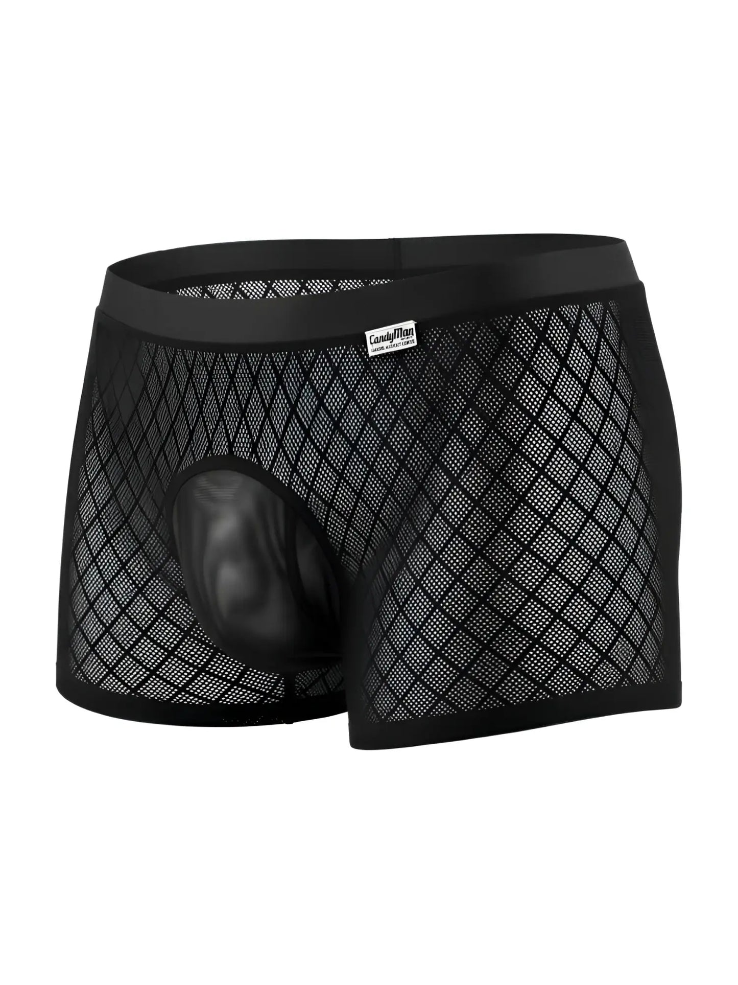 CandyMan 99962 black boxer briefs featuring a diamond-patterned mesh fabric and a solid opaque contour pouch.