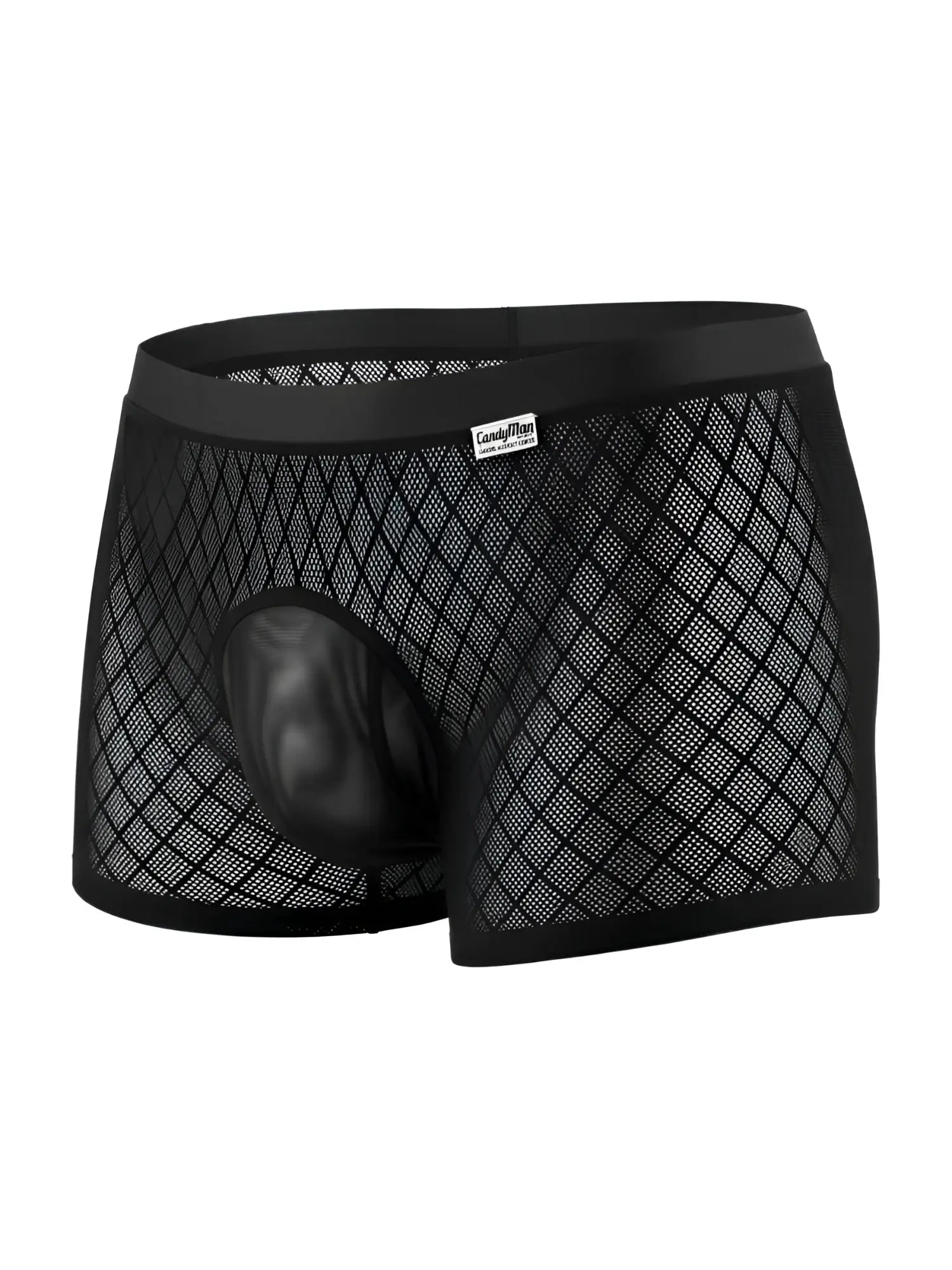 CandyMan 99962 black boxer briefs featuring a diamond-patterned mesh fabric and a solid opaque contour pouch.