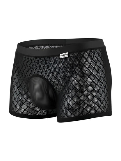 CandyMan 99962 black boxer briefs featuring a diamond-patterned mesh fabric and a solid opaque contour pouch.