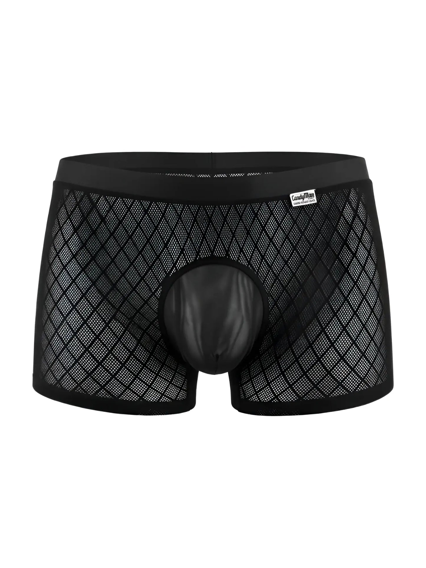 CandyMan black boxer briefs in mesh diamond-pattern fabric with a solid-color, opaque contoured pouch.