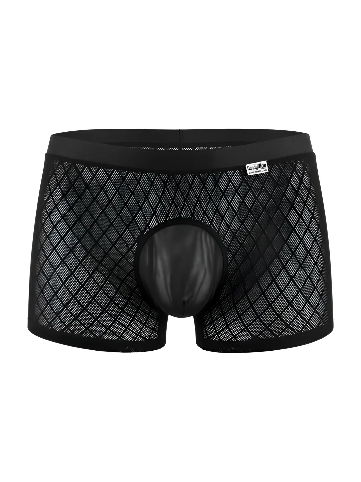 CandyMan black boxer briefs in mesh diamond-pattern fabric with a solid-color, opaque contoured pouch.