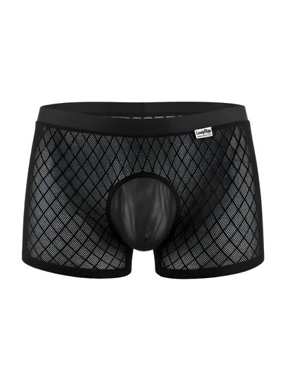CandyMan black boxer briefs in mesh diamond-pattern fabric with a solid-color, opaque contoured pouch.