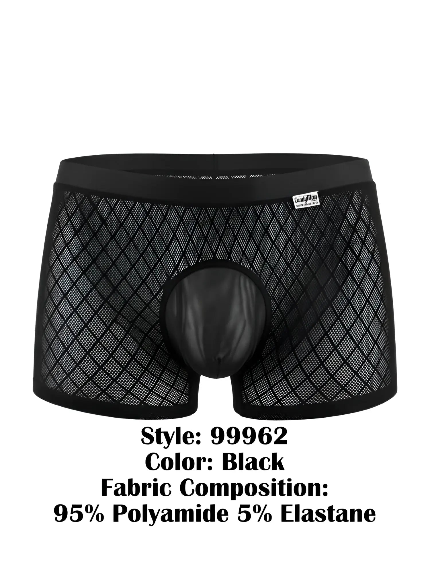 Black CandyMan 99962 boxer briefs featuring a diamond-pattern mesh fabric and a solid opaque pouch.