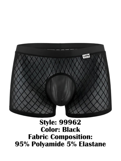Black CandyMan 99962 boxer briefs featuring a diamond-pattern mesh fabric and a solid opaque pouch.