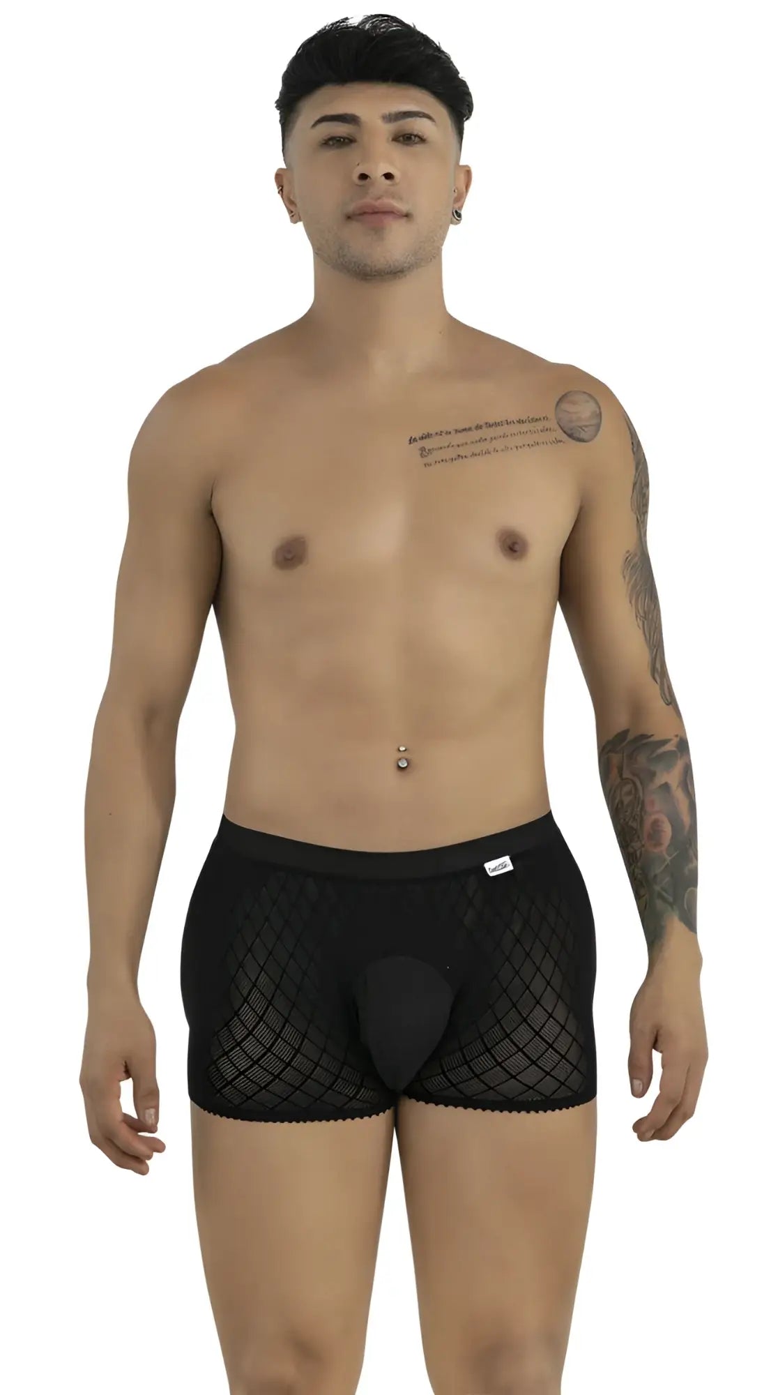 CandyMan 99962 black boxer briefs in a sheer diamond-patterned mesh fabric with a solid opaque center pouch.