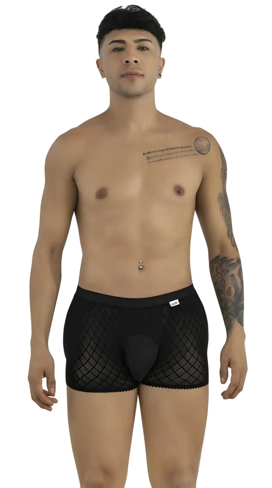 CandyMan 99962 black boxer briefs in a sheer diamond-patterned mesh fabric with a solid opaque center pouch.
