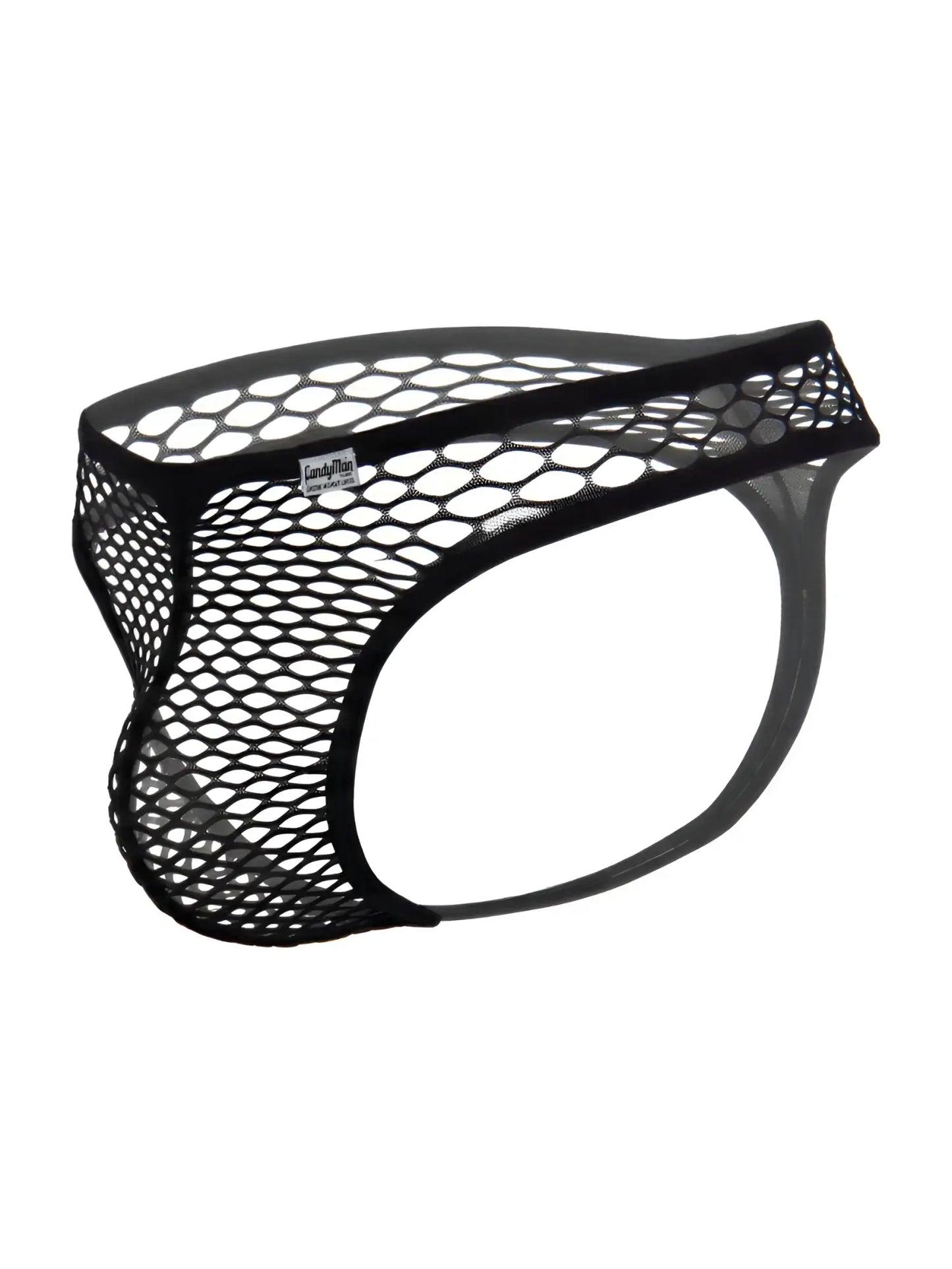 Black CandyMan fishnet thong with a solid waistband and a minimalist string back design.