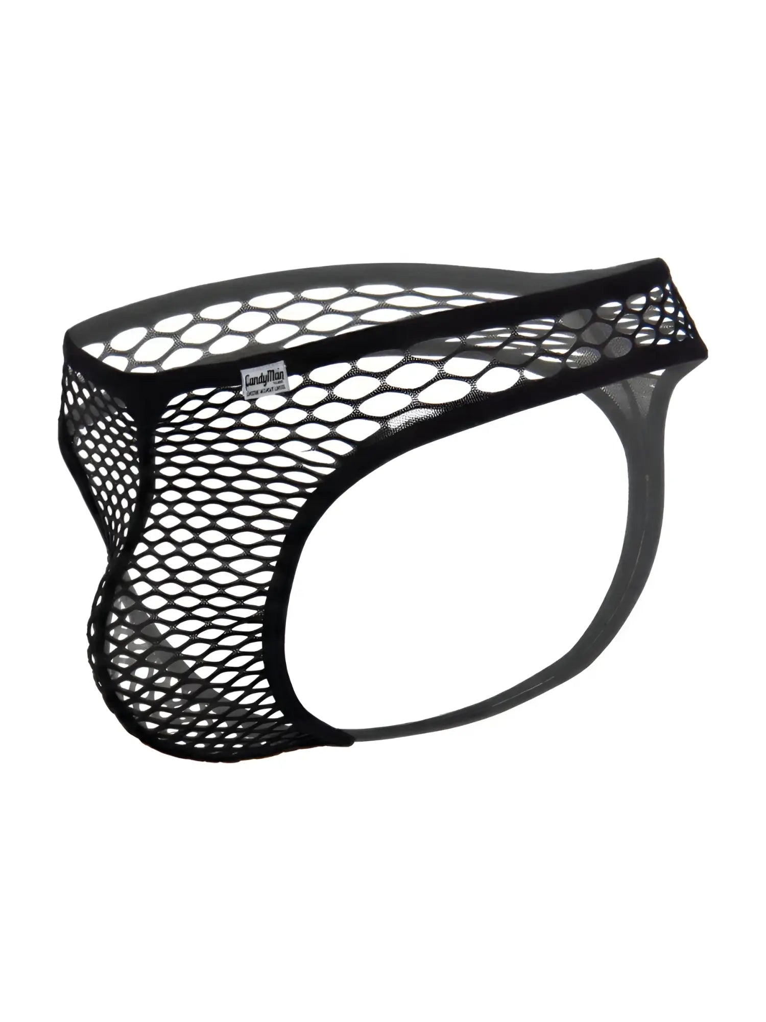 Black CandyMan fishnet thong with a solid waistband and a minimalist string back design.