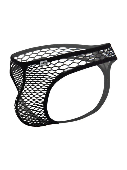 Black CandyMan fishnet thong with a solid waistband and a minimalist string back design.