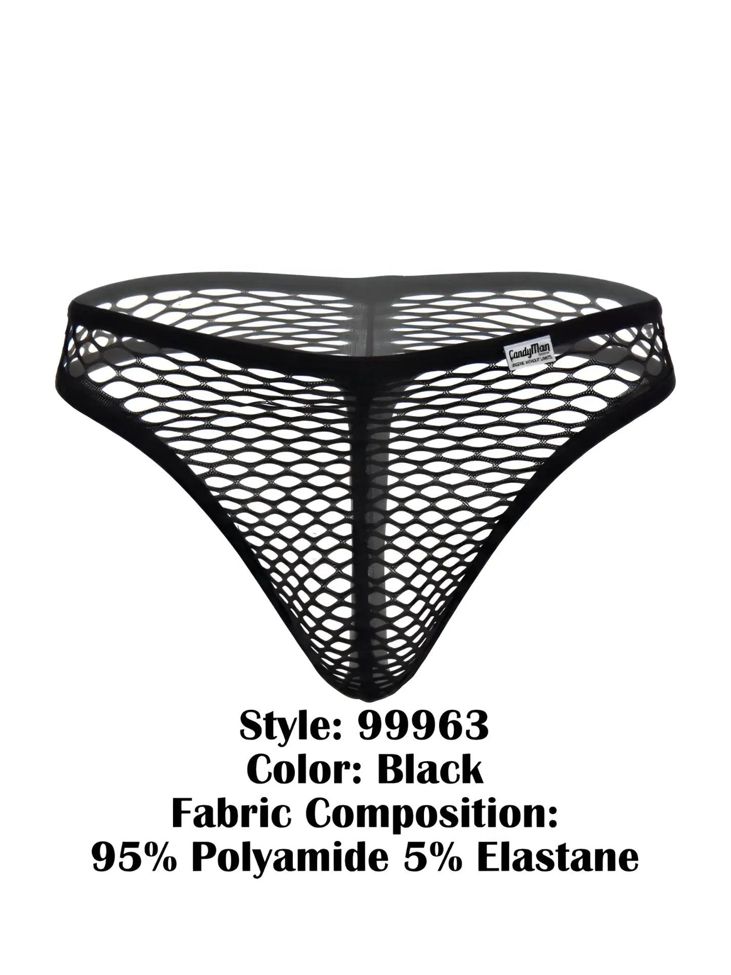 CandyMan 99963 black thong in a sheer, stretchy fishnet mesh fabric with a branded waistband label.