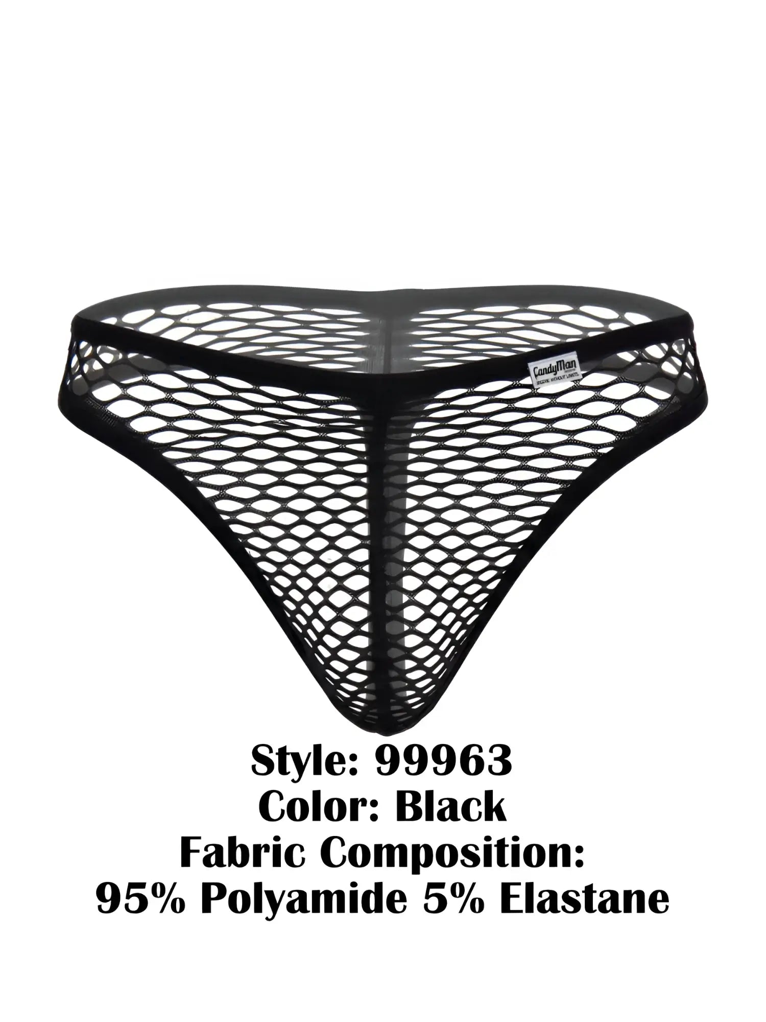 CandyMan 99963 black thong in a sheer, stretchy fishnet mesh fabric with a branded waistband label.