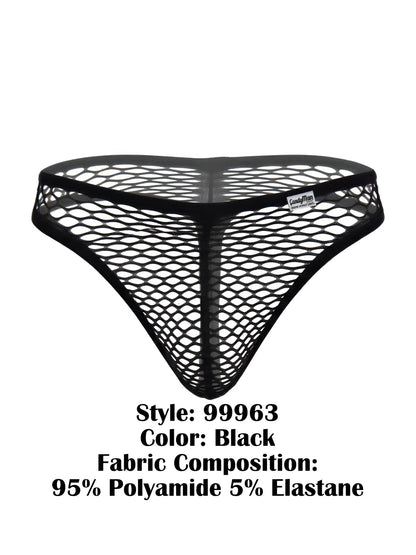 CandyMan 99963 black thong in a sheer, stretchy fishnet mesh fabric with a branded waistband label.