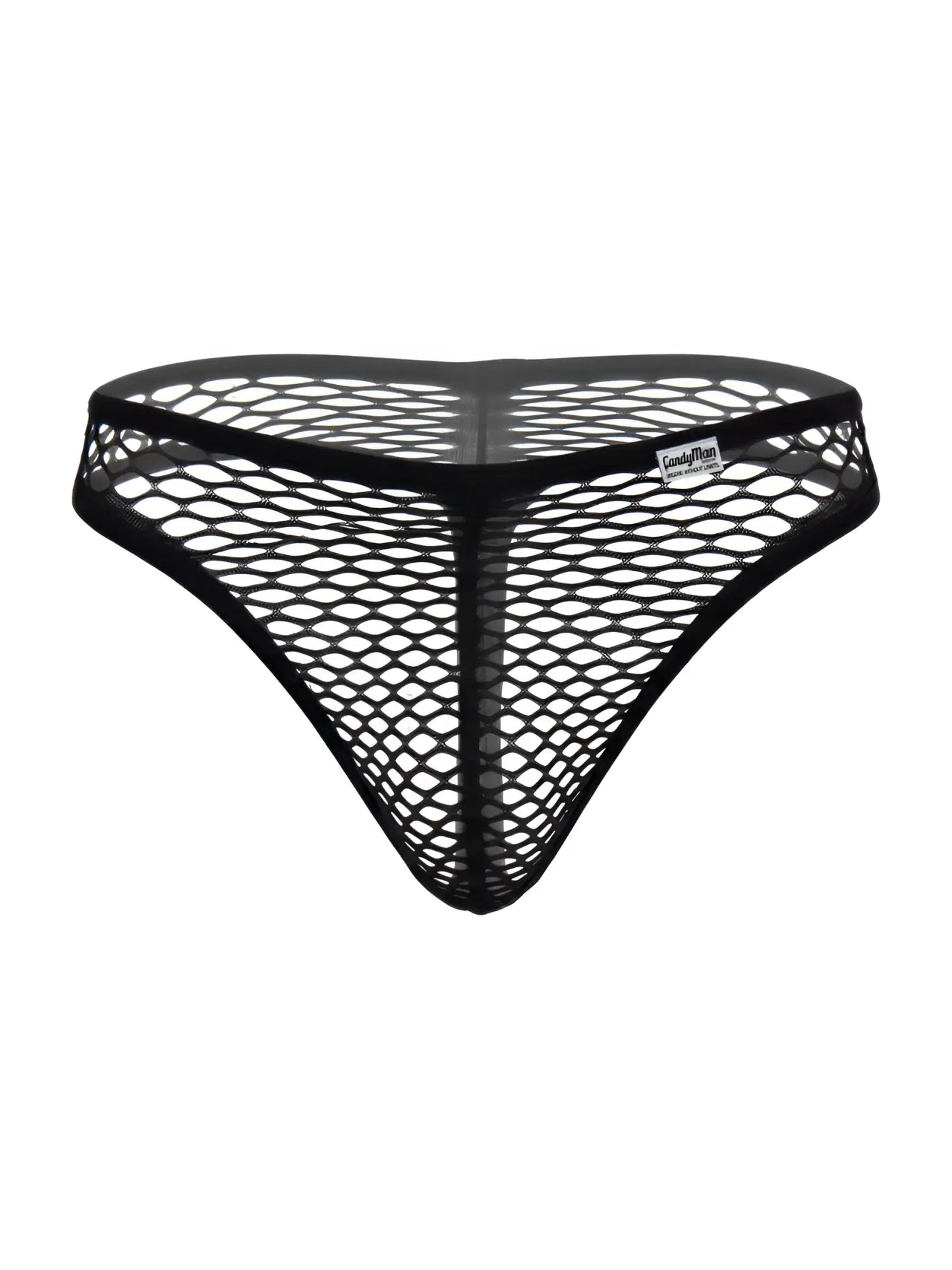 Black CandyMan thong in a sheer, large-hole fishnet fabric with a solid waistband and logo tag.