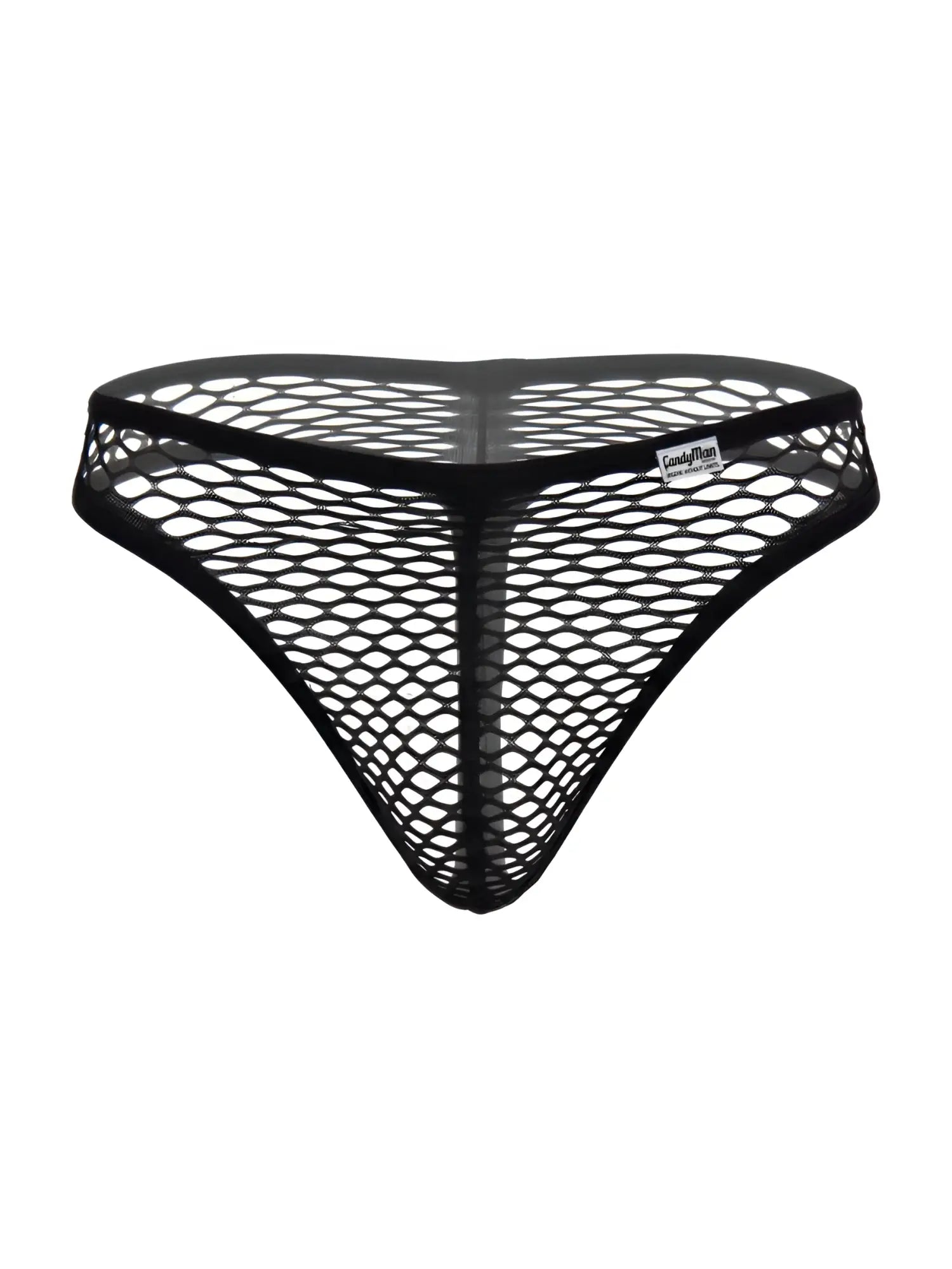 Black CandyMan thong in a sheer, large-hole fishnet fabric with a solid waistband and logo tag.