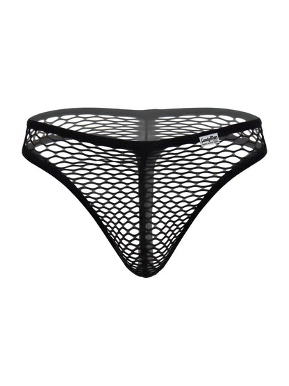 Black CandyMan thong in a sheer, large-hole fishnet fabric with a solid waistband and logo tag.