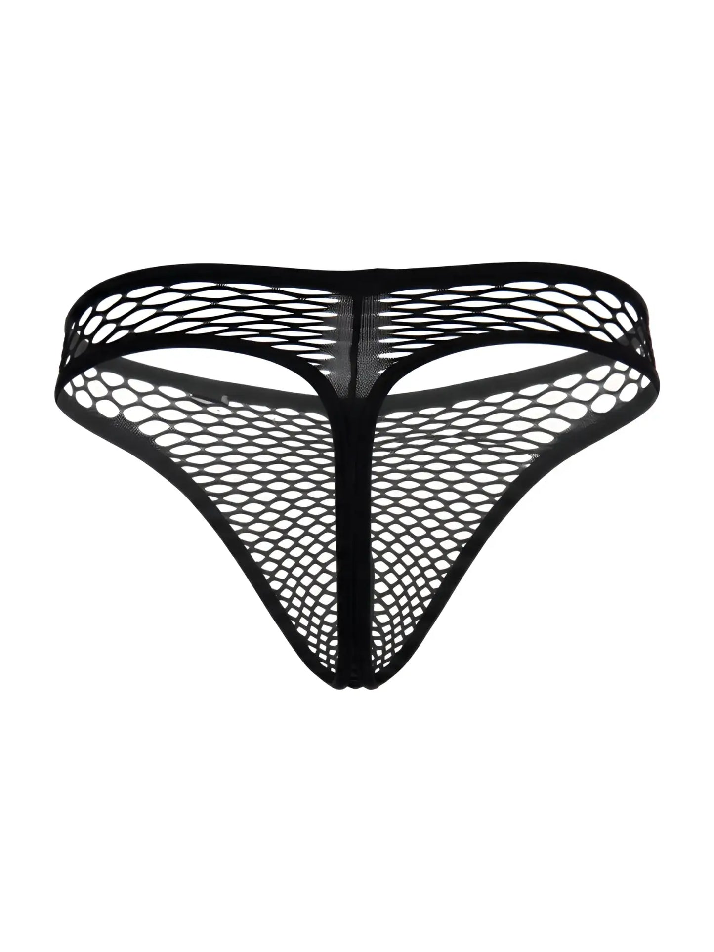 CandyMan black mesh thong with a cutout design and solid black trim.