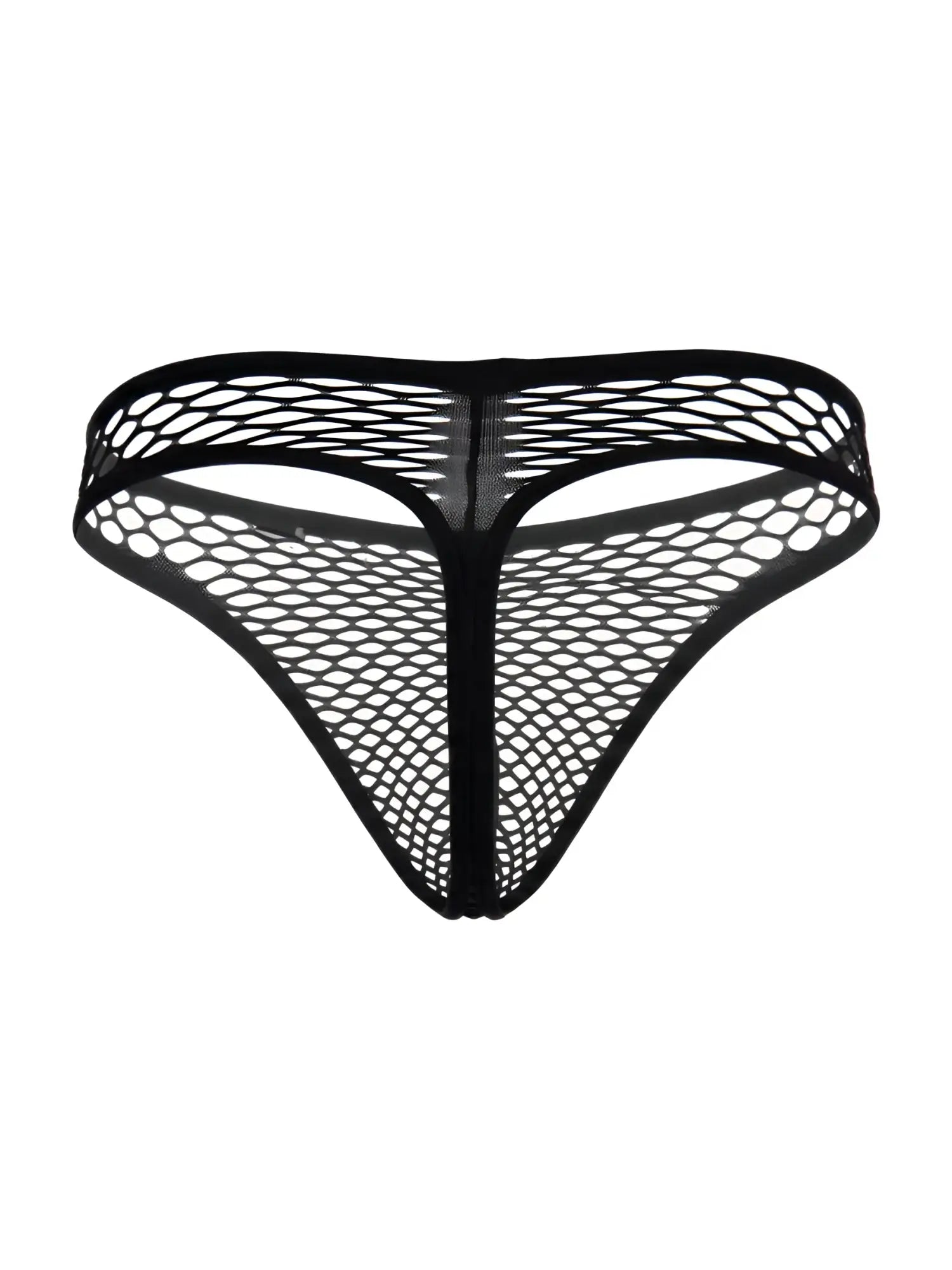 CandyMan black mesh thong with a cutout design and solid black trim.