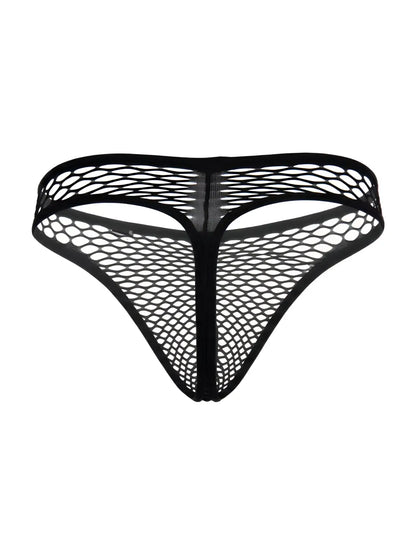 CandyMan black mesh thong with a cutout design and solid black trim.