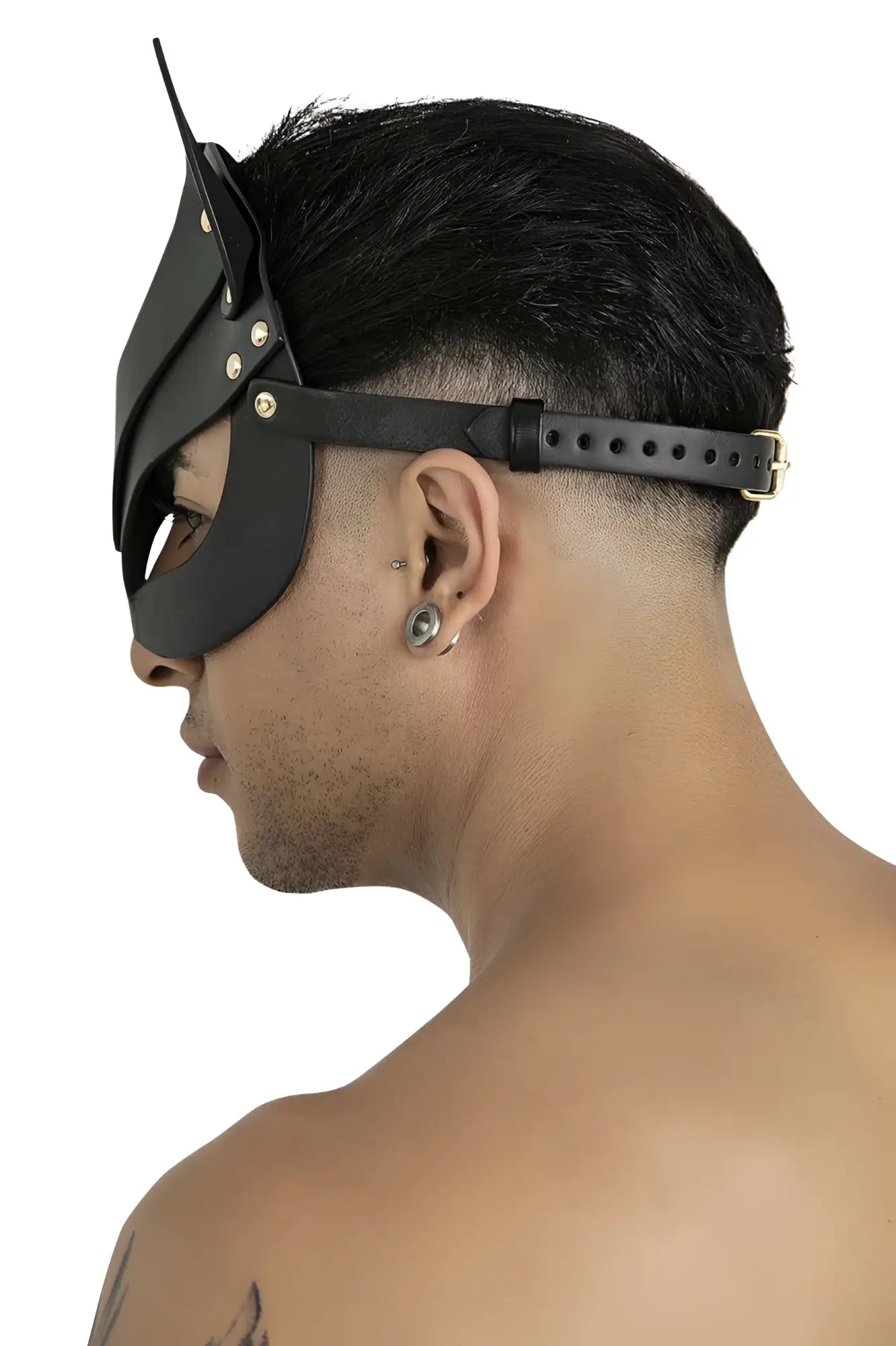 Black leather cat-eared eye mask with metallic rivets and adjustable strap from CandyMan 99965 in black color