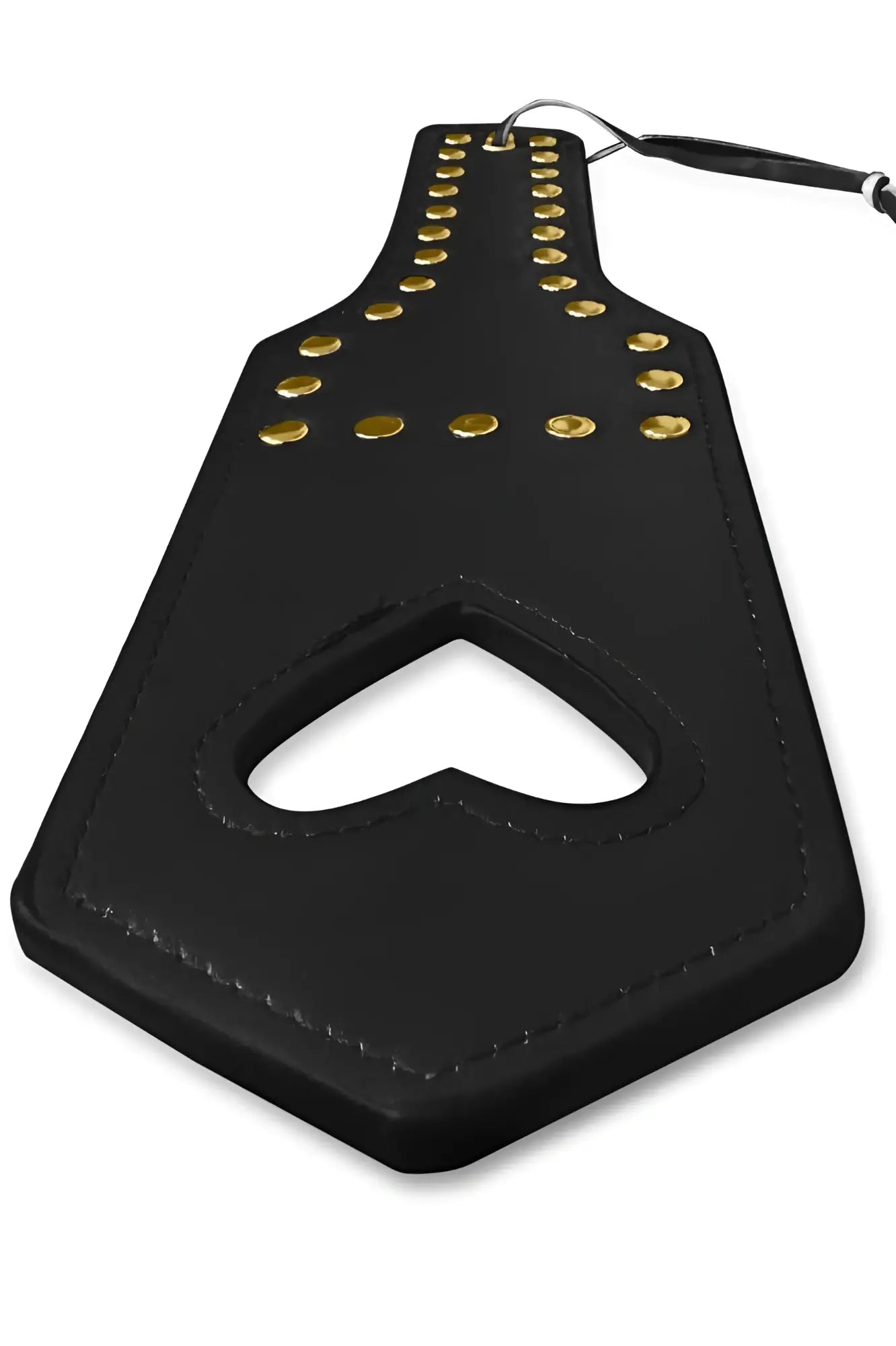 Black leather heart-shaped paddle with gold-tone studs and black handle from CandyMan 99966 Spanker in black