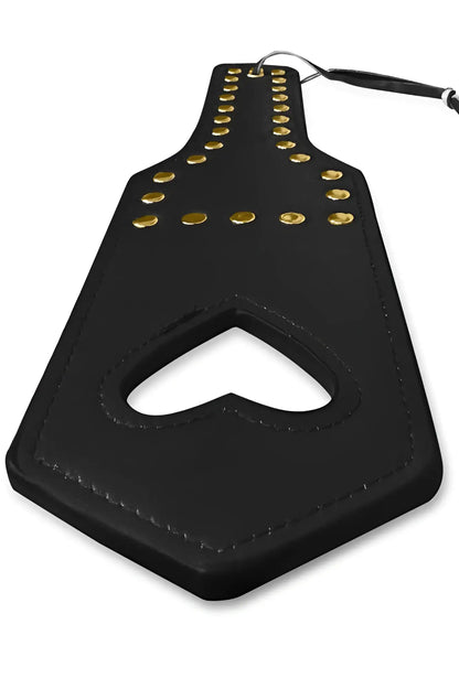 Black leather heart-shaped paddle with gold-tone studs and black handle from CandyMan 99966 Spanker in black