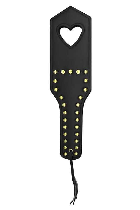 CandyMan 99966 spanker black leather paddle with gold studs and heart-shaped cutout at the top