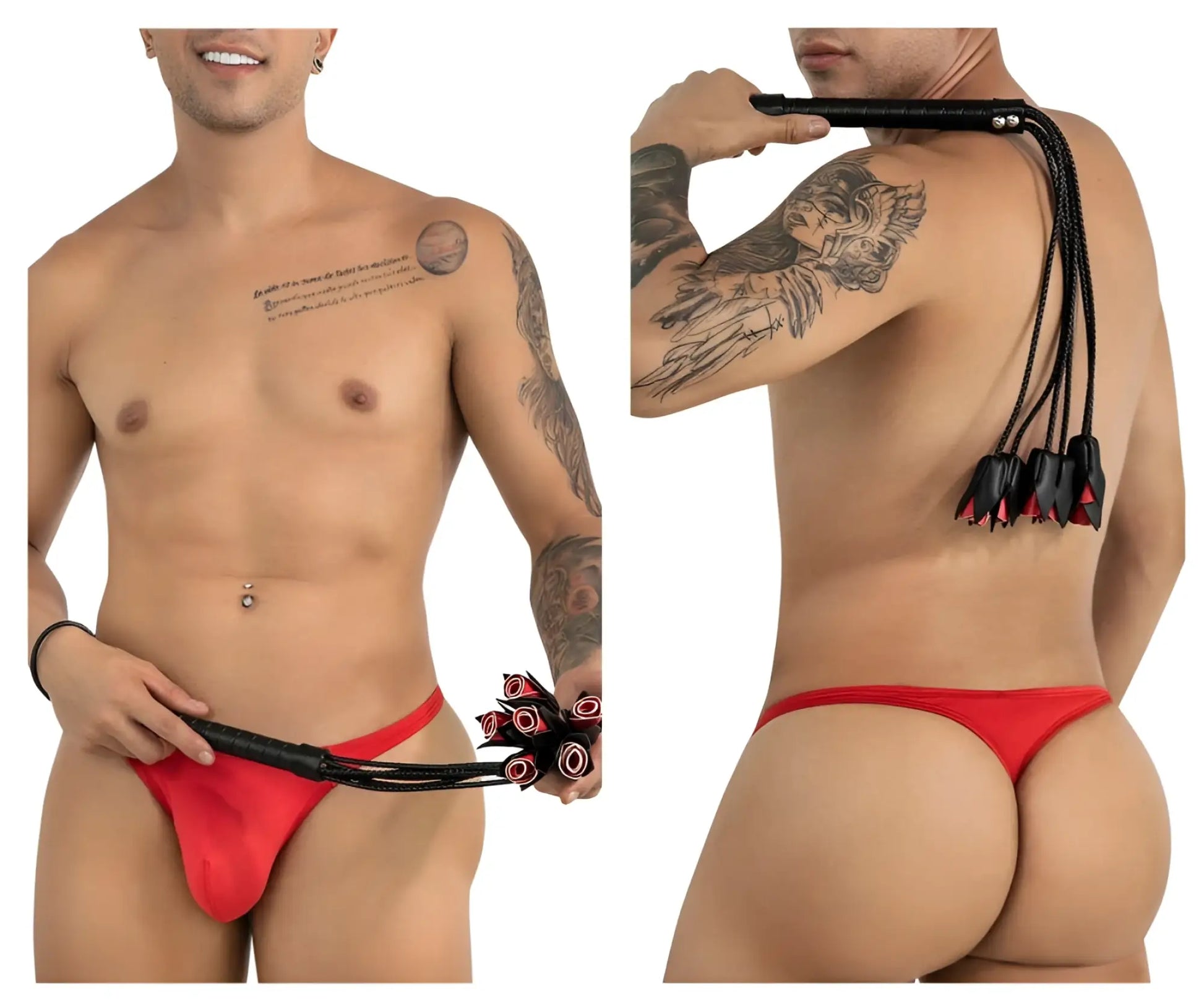 Red leather thong with black whip attachment candy man 99967 rose whip color black showing front view