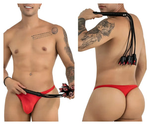 Red leather thong with black whip attachment candy man 99967 rose whip color black showing front view
