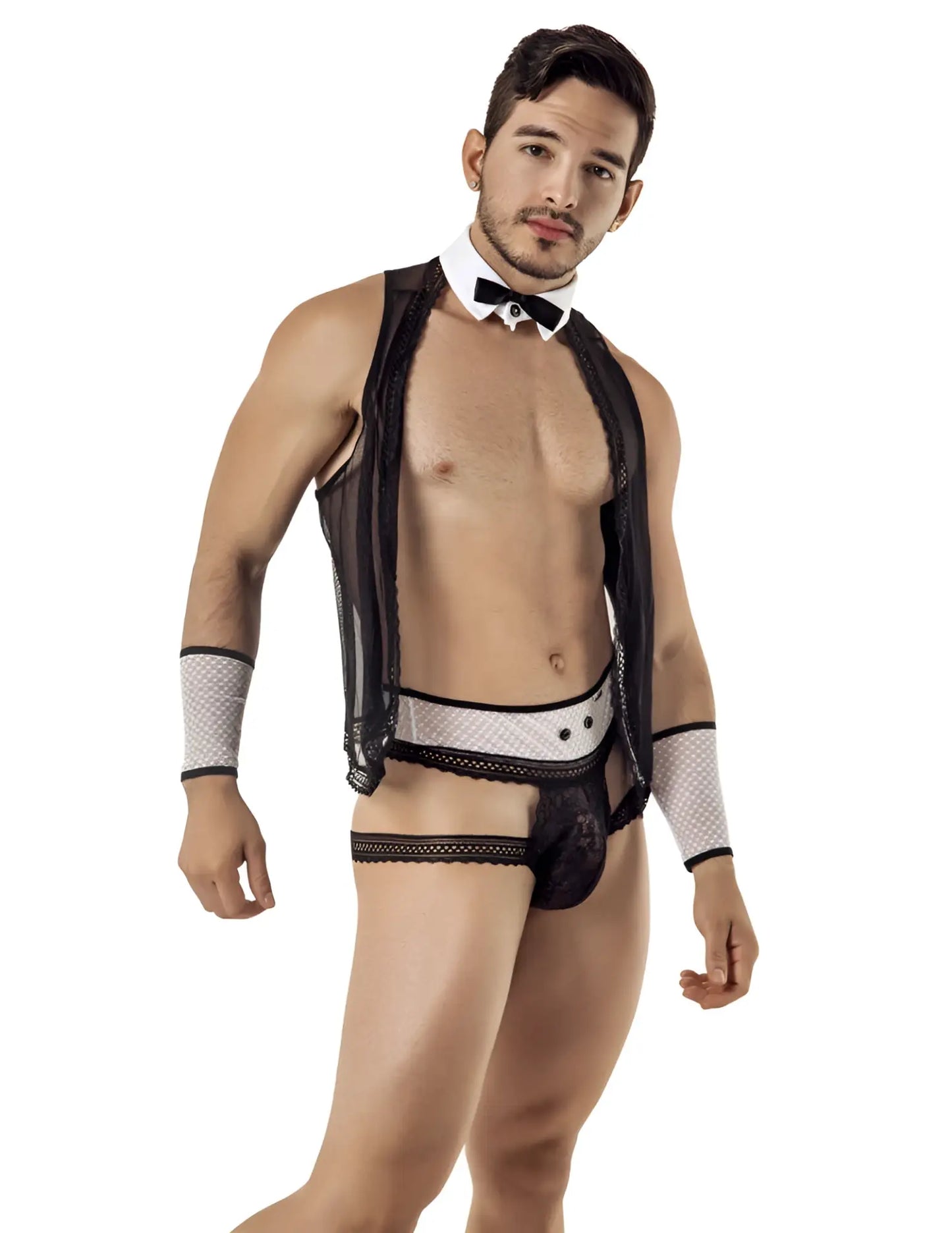 Candyman barman lace outfit costume black 99426 size m featuring black lace mesh with white bow tie cuffs and waistband