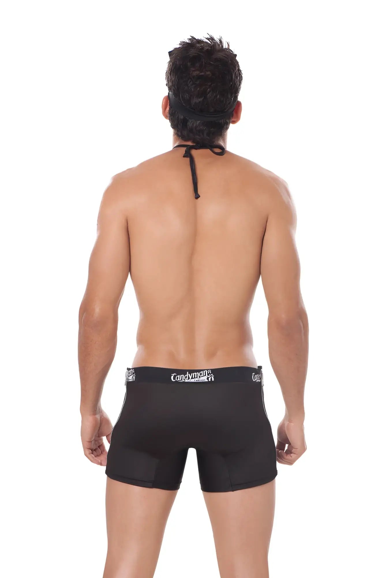 Back view of black candyman brand briefs with tie-back design and elastic waistband from candyman costume sultry commander outfit 9555 size m
