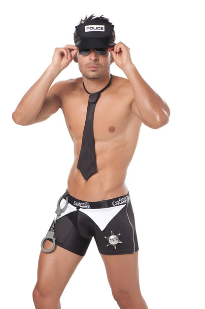 Black and white police-themed men’s costume briefs with star emblem handcuffs and candyman branding size m