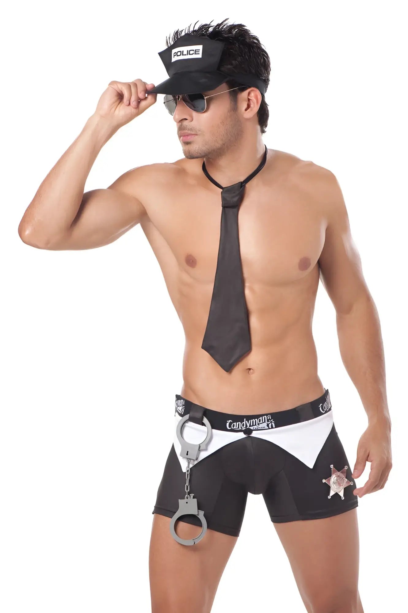 Black and white police-themed costume shorts with silver handcuff accessory from candyman costume sultry commander outfit 9555 size m