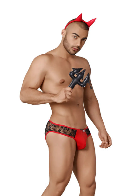 Red lace-trimmed men’s briefs with black devil motif side design candyman devil outfit costume black red size m